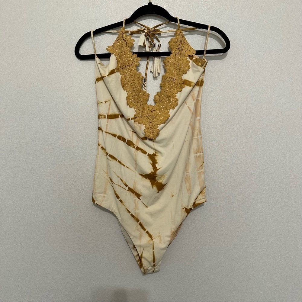Elegant Cream and Gold Lace Halter Top